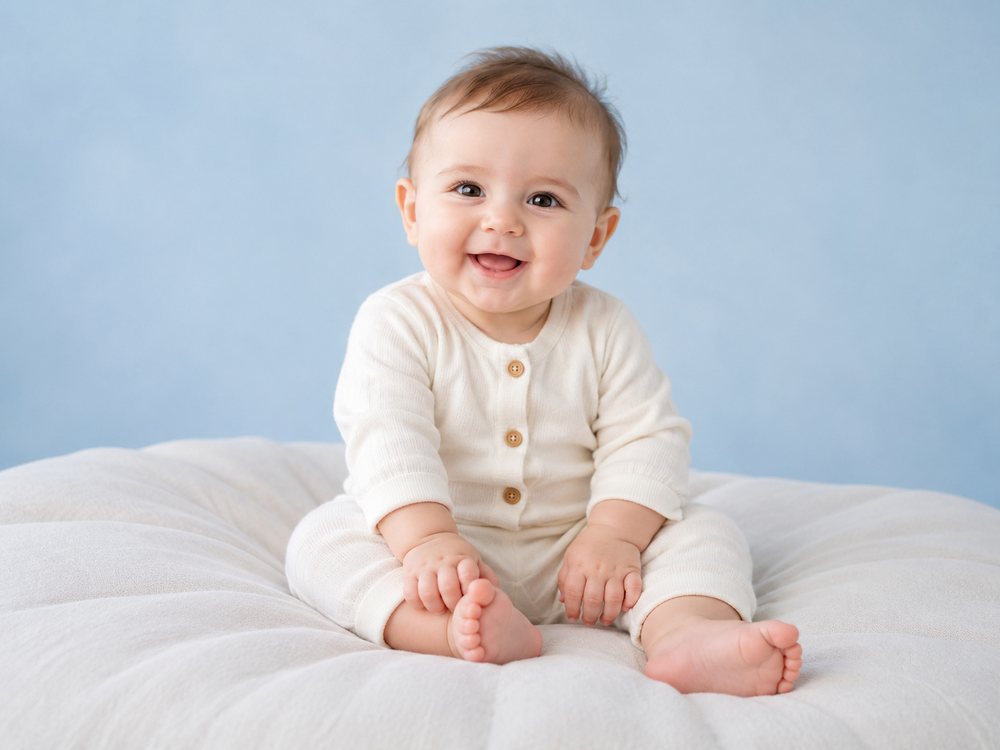 Fröhliches Baby im cremefarbenen Strampler vor hellblauem Studiohintergrund